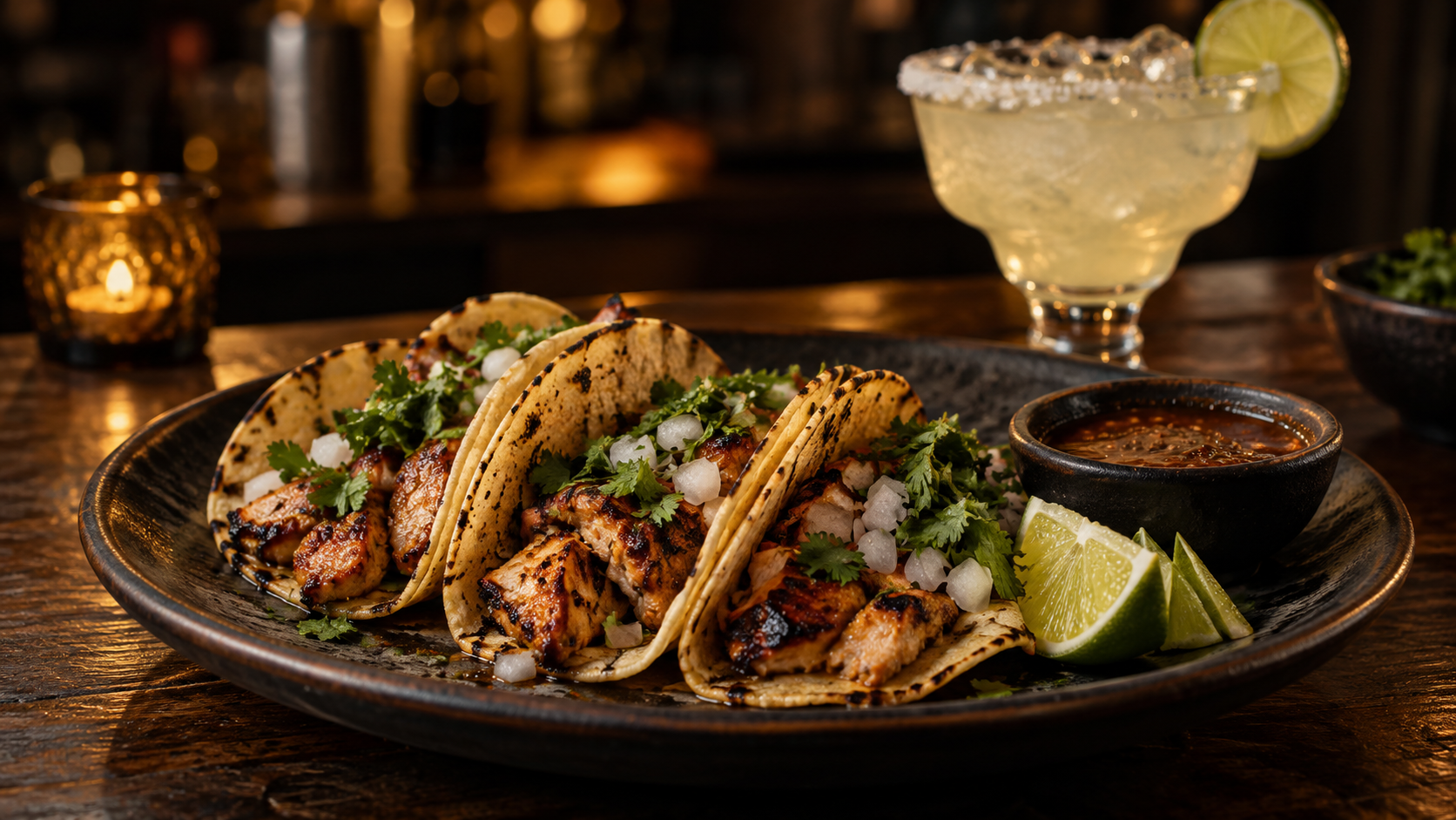 Imagen de ambientación de tacos, salsa y un drink sobre una mesa oscura